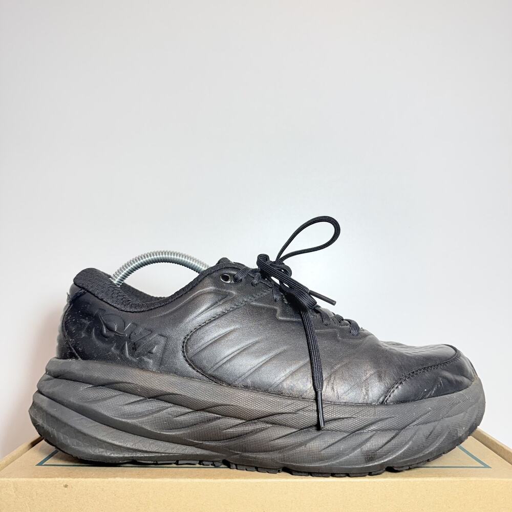 Hoka Men Size 10 2E Wide Bondi SR Black Leather Slip Resistant Walking Shoes